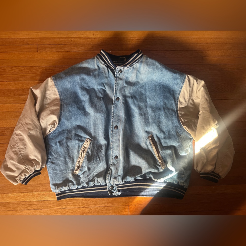 Vtg 90s North Crest Blue Denim Cotton Varsity Jacket w/ Beige Sleeves, Size XXL